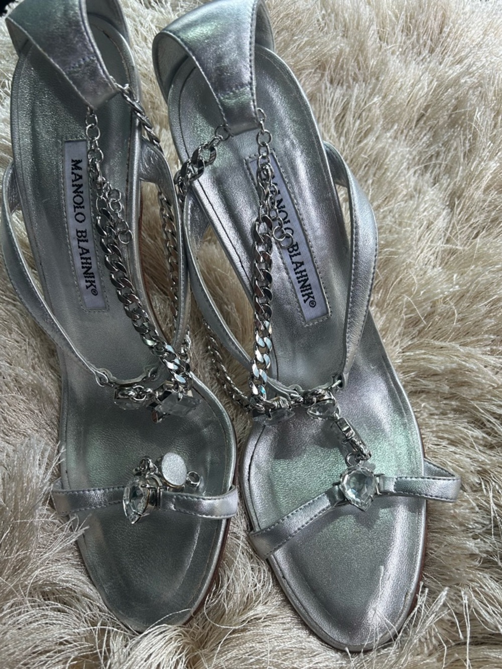 Manolo Blahnik Silver Crystal-Accent Slingback Heels